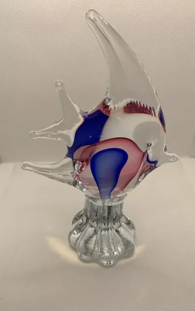 Angel Fish On Stand Figurine Art Glass Clear Blue Red Tropical