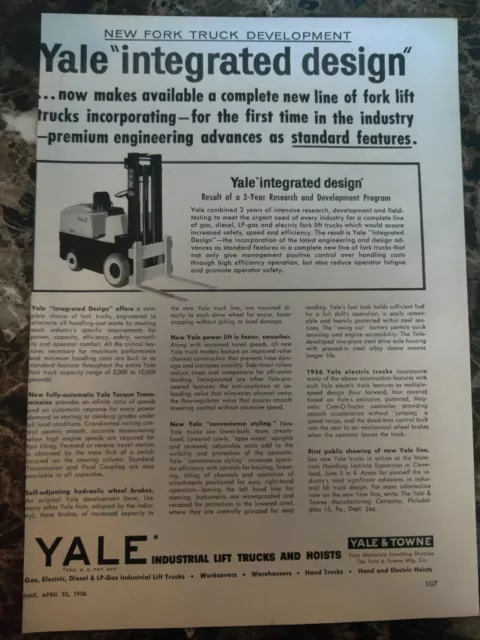 Yale Industrial Lift Truck Ad 1956 Towne Hoist Vintage Magazine Print