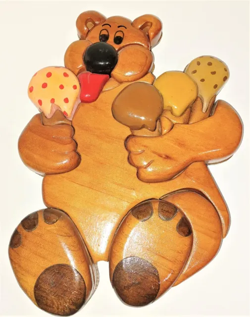 Vintage Wooden Intarsia  Bear with Ice Cream Cones Wood Art