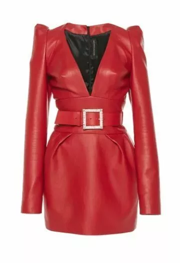 Fait à la Main Femmes Cuir D'Agneau Robe Célébrité, Cuir Élégant Costume Red