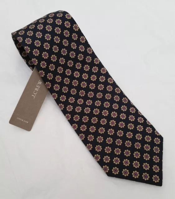 JCREW silk neck tie black floral flowers dots circles slim narrow classic 3" NWT