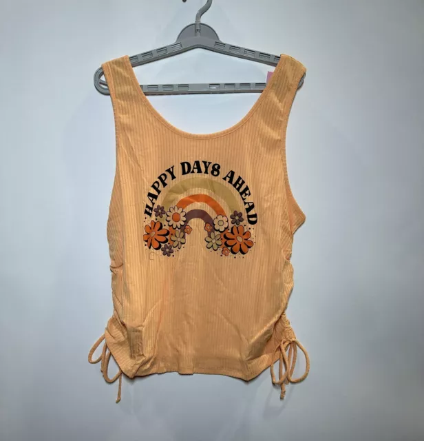 Women's Plus Size Happy Days Ahead Cinched Cropped Graphic Tank Top - Orange 2X