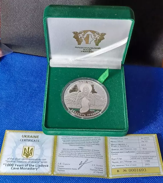 2013 20 Hryven 2oz Silver Proof: 1k Anniv of the Liadova Monastery 3000 Mintage 3