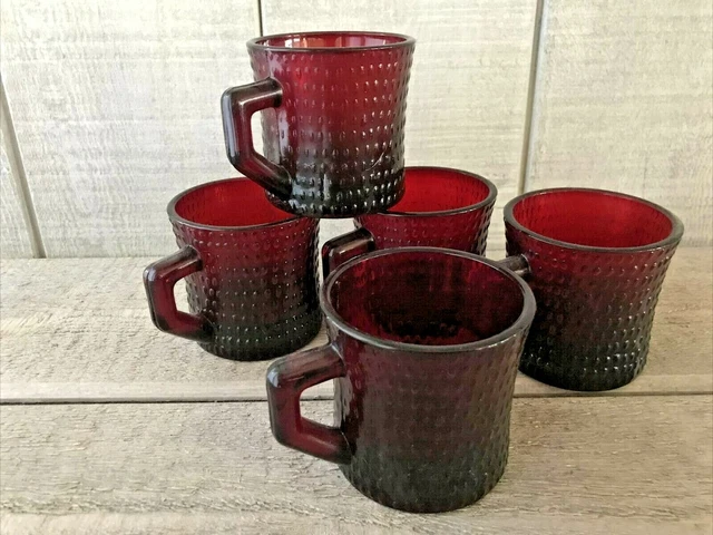 Vintage Ruby Red Hobnail Glass Coffee Cups Mugs Set/5