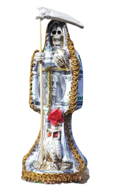 6.5" Money La Riqueza Dinero Owl Clover Santisima Santa Muerte Holy Death Statue