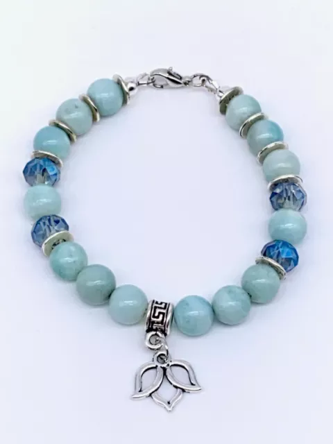 8mm Amazonite Gemstone Beads and Faceted Glass Beads Bracelet with Lotus Charm