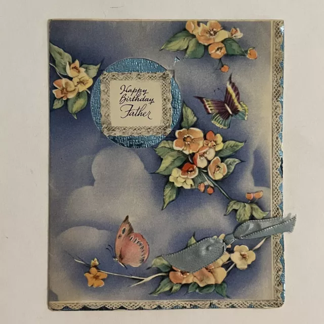 Vintage Happy Birthday Father Greetings Card Flowers & Butterflies #R8012