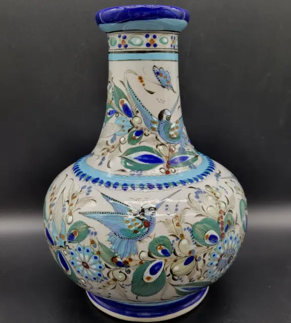 Ken Edwards Signed Pottery Tonala Vase Birds Blue Florals Folk Art Mexico