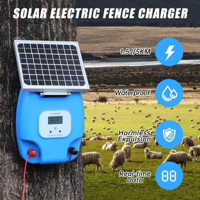 ATMOREA Solar Powered Fence Charger LCD Display 5 Miles Electric Fence Energizer