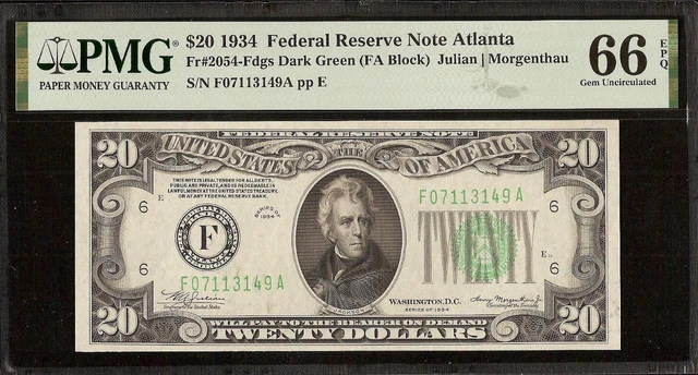1934 $20 BILL ATLANTA FEDERAL RESERVE NOTE Fr 2054-Fdgs PMG 66 EPQ POP 5/1