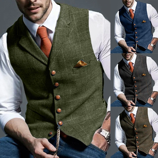Homme Tweed Revers Gilet Veste à Chevrons Décontracté Habillé Haut sans Manche