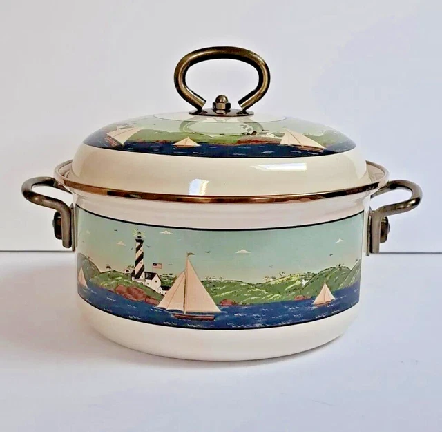 Warren Kimble Coastal Breeze 2qt. Enamelware Stock Pot Nautical Design Pre-owned