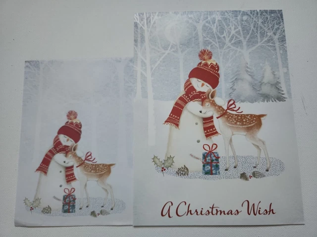2 tarjetas de felicitación de Navidad muñeco de nieve abrazando ciervo con sobre a juego