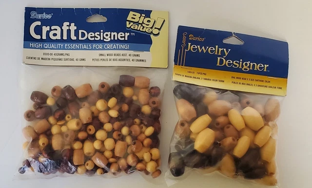 Vtg Darice Wood Bead Lot Pack Brown Tan Wooden Oval Round Beads New in Package