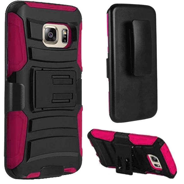 For Samsung Galaxy S7 Edge Hybrid Side Kickstand Holster Clip - Black+Hot Pink