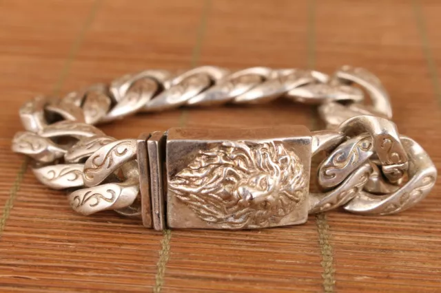 chinese old tibetan silver hand cast lion leo statue bracelet jewel gift 2