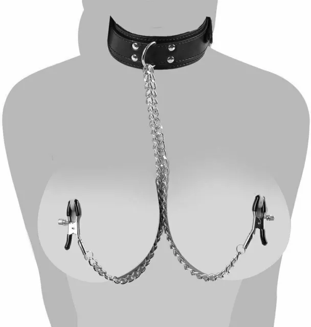 Fetish-Fantasy-sex-PU Leather-Collar-With-Nipple-Clamps-and Chain-Bondage-Toys