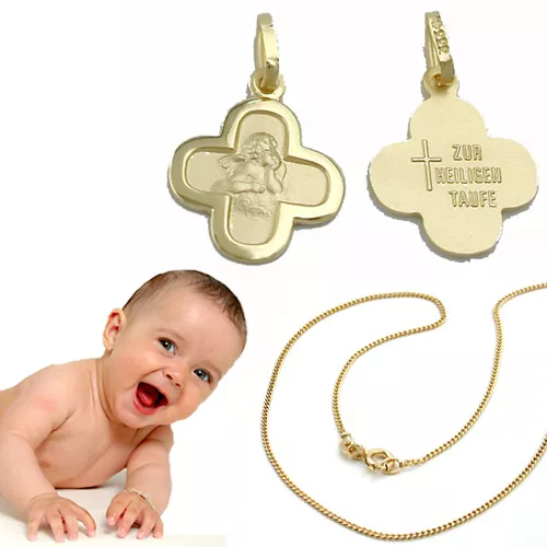 Zur Heiligen Taufe Baby Schutz Engel Kreuz Echt Gold 333 mit Kette Silber 925 VG