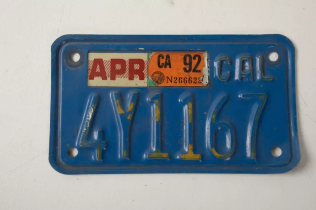 California Blue Gold (S3R) Motorcycle License Plate (JSF6) 4Y1167 APR 1992 Tags