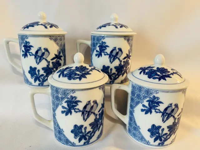 4 Vtg Blue & White Chinese Porcelain Tea Coffee Cup Mug Covered Lid Birds