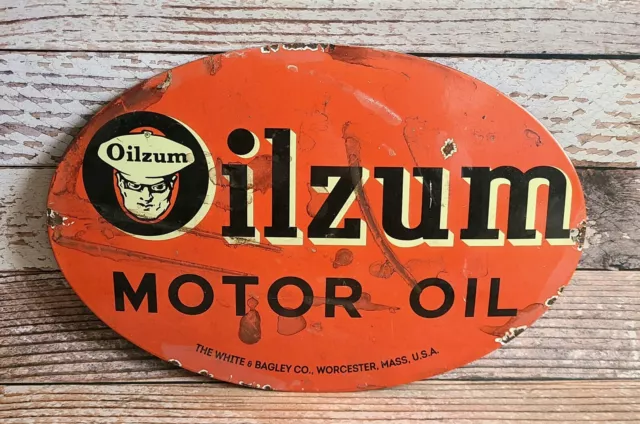 Vintage 14" White & Bagley Oilzum Motor Oil Porcelain Metal Gas Sign