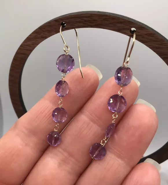 14K Gold Filled Natural Amethyst Briolette Long Drop Dangle Earrings  .