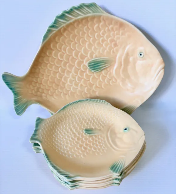 ART DECO Shorter & Son 7 piece FISH SET: 6 x 23cm PLATES & 38cm Large PLATTER