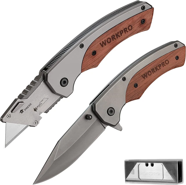 WORKPRO FOLDING UTILITY Knife & EDC Pocket Knife, QuickChange Wood