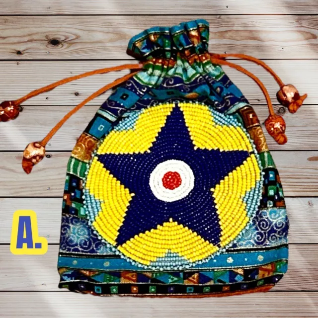 Native American Indian-Style Medicine Bag Beaded Star Leather Drawstring