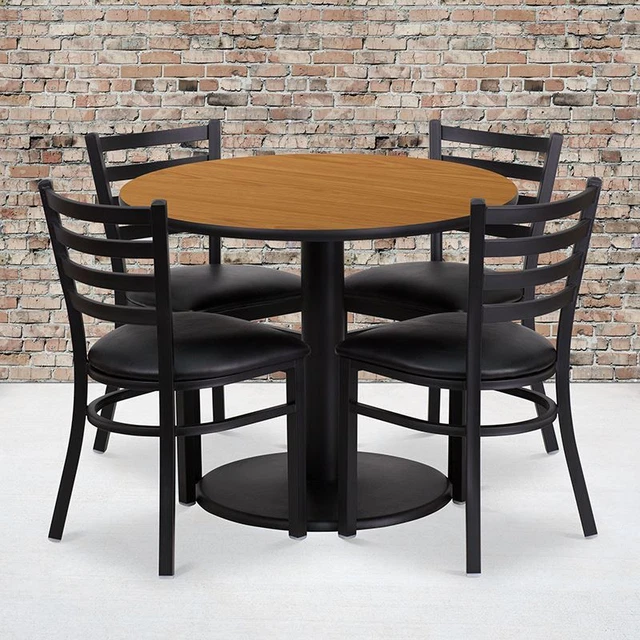 36'' Round Natural Laminate Table Set w/Round Base & 4 Ladder Back Metal Chairs