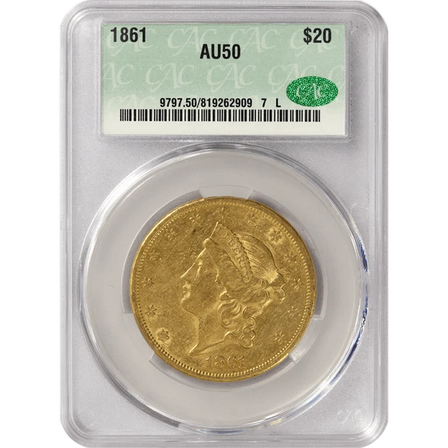 1861 Liberty Head $20 Gold Double Eagle, CACG AU-50 CAC - Civil War Date, PQ+