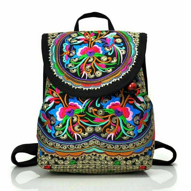 Womens Flower Shoulder Bag Handmade Vintage Style Bag Ethnic Embroidery Backpack
