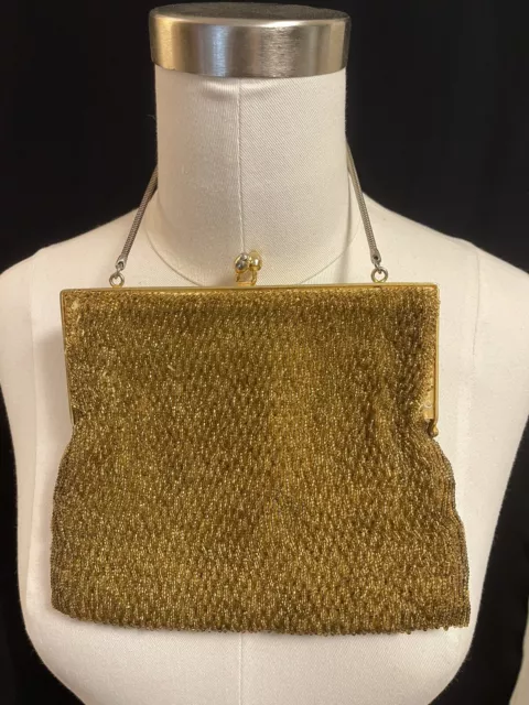 Vintage Walborg 1950s Gold Petite Bead Kiss Lock Purse Evening Bag EUC