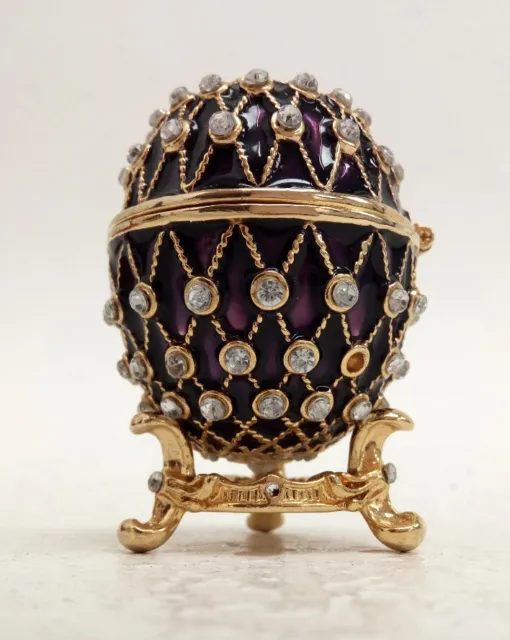 Bejeweled Egg Trinket Box Purple With Crystals And Enamel With Stand #497