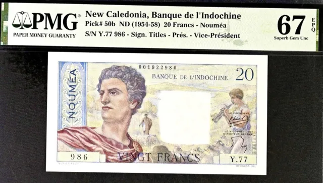 New Caledonia 20 Francs Pick# 50b ND(1954-58) PMG 67 EPQ Superb Gem Unc Banknote