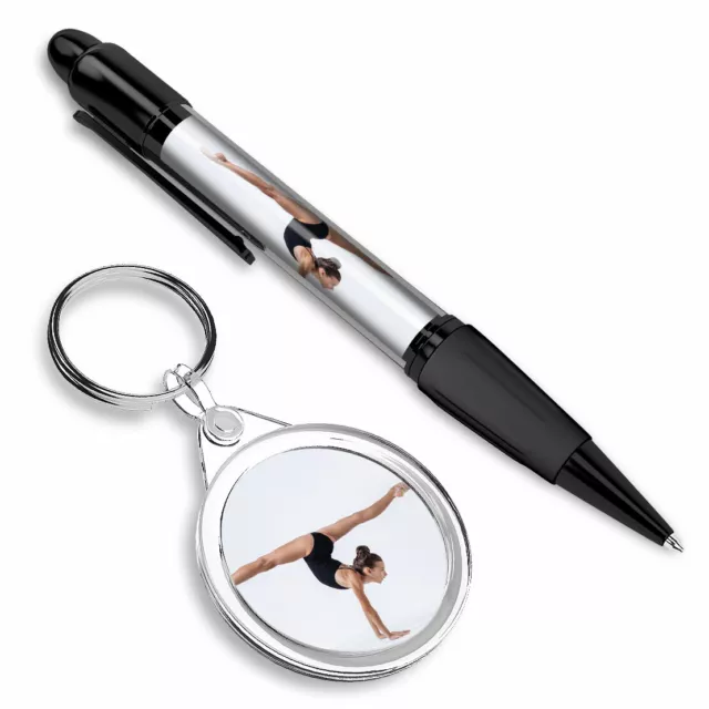 Pen & Keyring (Round) - Gymnast Gym Yoga Exercise Fitness #45270