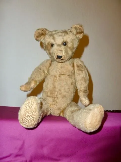 Uralt vorkriegs Teddy Bär Teddybär Holzwolle Buckel Knopfaugen evt. STEIFF  39cm