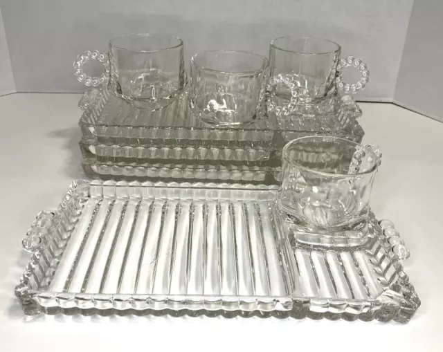 Set of 4 Vtg Clear Glass Ball + Rib Luncheon Snack Plate Tray Cup Hazel Atlas?