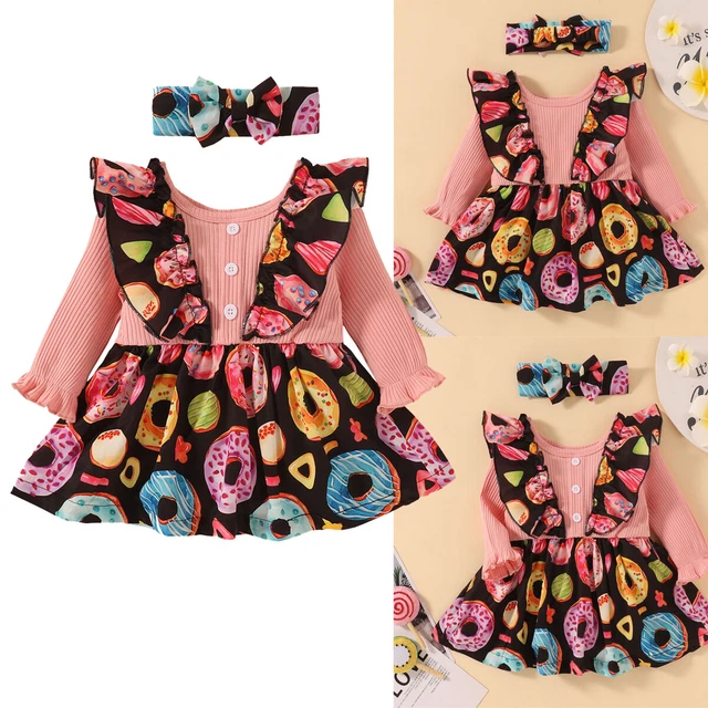 Newborn Kids Baby Girl Outfits Clothes Print Dress Ruffle Skirt Headband Set