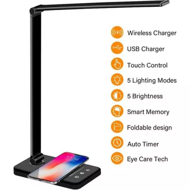 Lampe de Bureau LED 5 modes d'éclairage + chargeur téléphone sans fil port USB