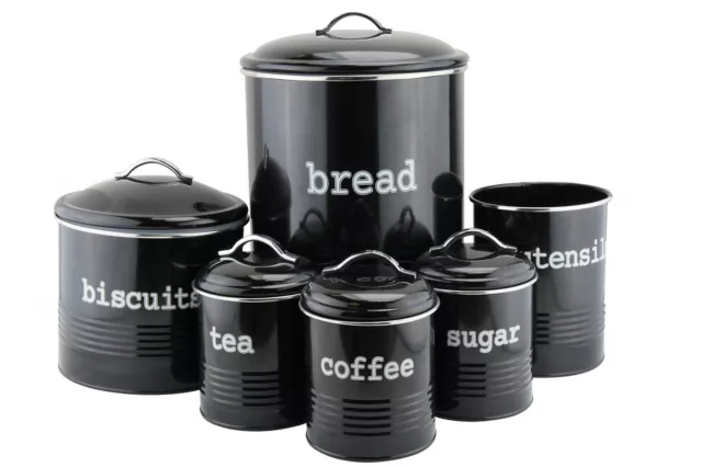 Black Enamel Tea,Sugar,Coffee,Cookie / Biscuit or Bread Bin Storage Canister Jar