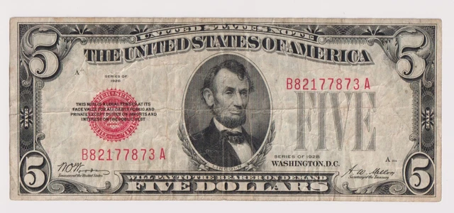 1928 Plain 5 DOLLAR RED SEAL BILL United States Note Five