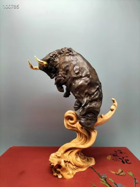24K real gold Chinese Ebony Beech Wood Hand Carving OX Cattle Statue 60698