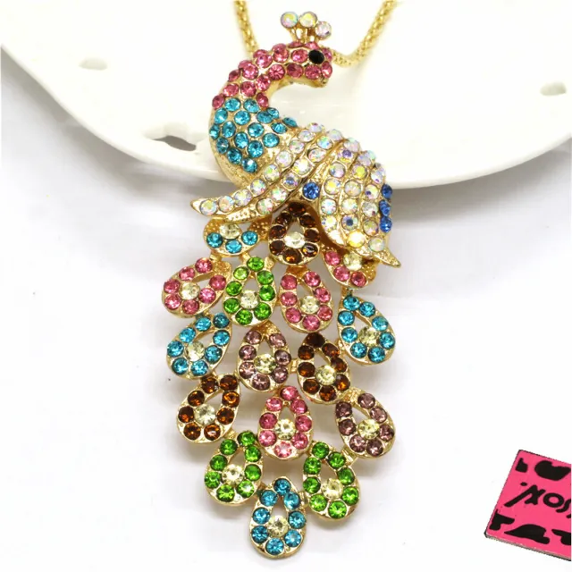 New Betsey Johnson Rhinestone Colorful Bling Peacock Crystal Pendant Necklace