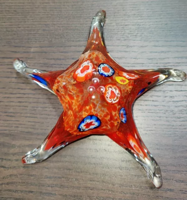 Starfish Art Glass Paperweight Millefiori Hand Blown Sculpture Splatter Red Blue