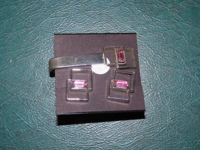 Pink Cut Glass Mcm Hickok Cuff Links & Tie Clasp Set Silver Tone