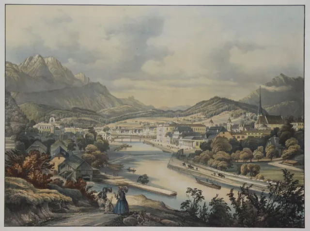 Bad Ischl Gesamtansicht Original altkolorierte Lithografie Sandmann 1850