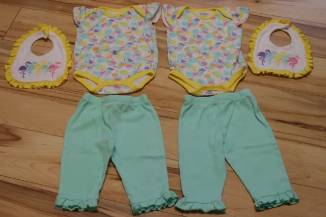 0-3 months Newborn Baby Girl Outfit 3pc Set Twin Bodysuit/Bib/Pants Flamingo