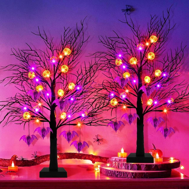 2 Pack 24 Inch Black Halloween Tree Lights, 24 LED Light up Spooky Tree with Ora