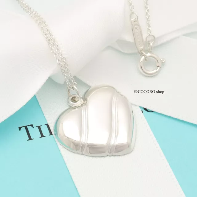 Tiffany & Co. Stripe Heart Necklace Pendant 16" Sterling Silver 925 w/Pouch